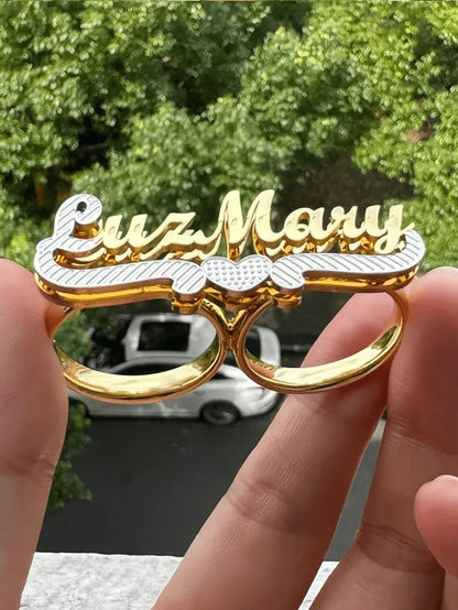 Customized Double-Layer Gold Plated Name Ring, Dual-Tone Ring, Personalized Gift, Double Finger Ring, Name Plate Ring, Personalized Name Ring, Women's Double Finger Gold Ring, Adjustable Name Ring, Su