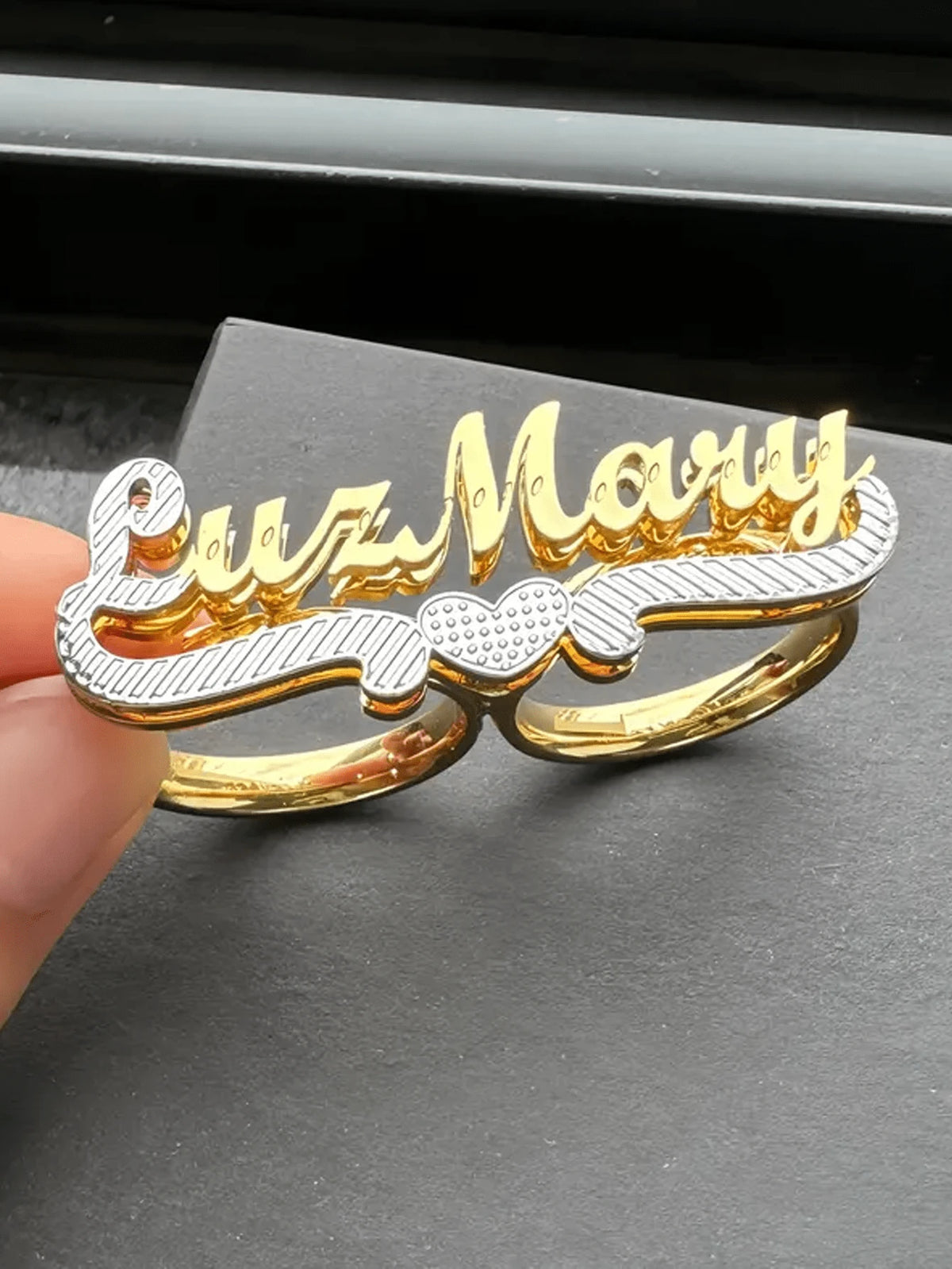 Customized Double-Layer Gold Plated Name Ring, Dual-Tone Ring, Personalized Gift, Double Finger Ring, Name Plate Ring, Personalized Name Ring, Women's Double Finger Gold Ring, Adjustable Name Ring, Su