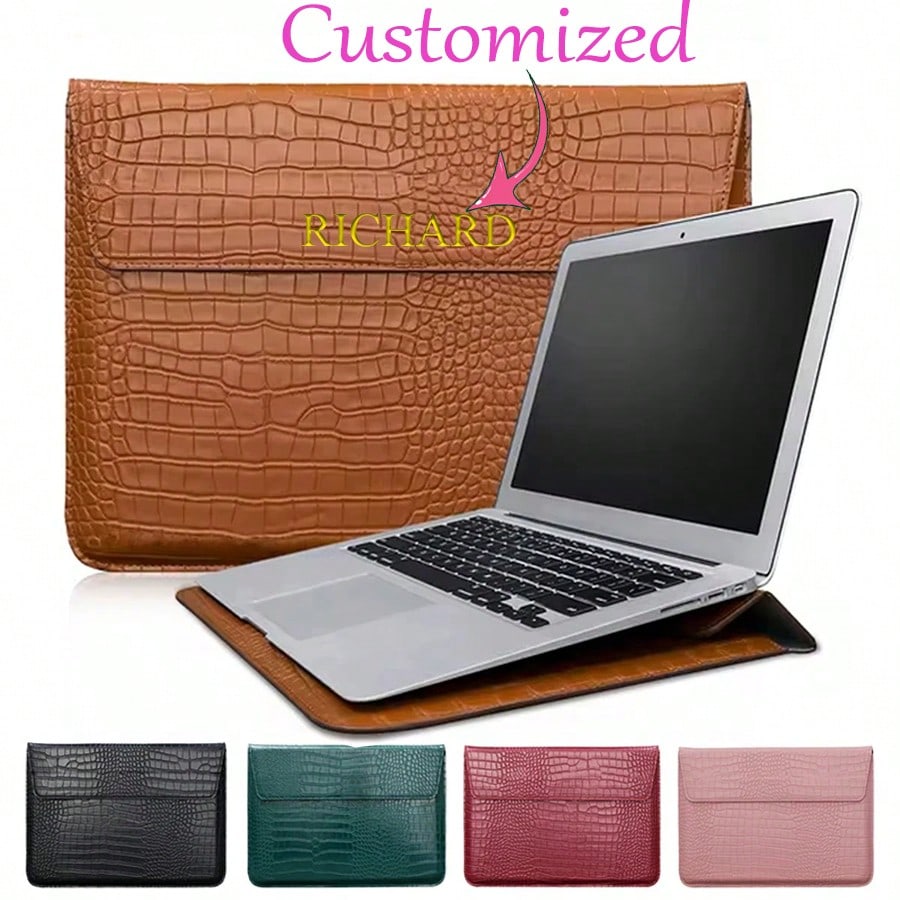 Customized Initial Letters Crocodile Pattern PU Leather Men Laptop Sleeve Bag Compatible With MacBook Air 13 Case 13.3 15.4 Pro Retina Personalized Women Sleeve Envelope PU Leather Laptop Sleeve Pouch