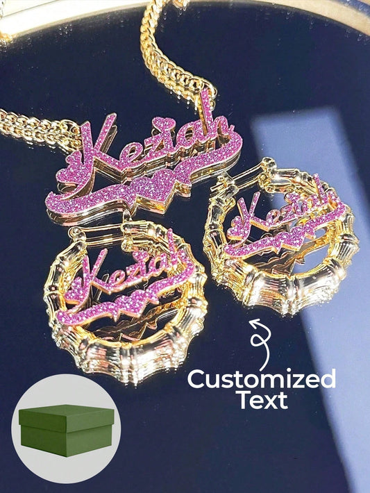 Customized Rhinestone Name Earrings &Necklace Set,Customized Bamboo Hoop Earrings, Personalized Jewelry Set,Pink Sandblasted,Ideal For Valentine's Day