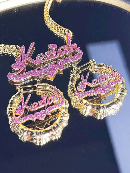 Customized Rhinestone Name Earrings &Necklace Set,Customized Bamboo Hoop Earrings, Personalized Jewelry Set,Pink Sandblasted,Ideal For Valentine's Day