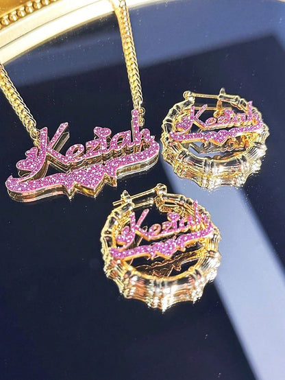 Customized Rhinestone Name Earrings &Necklace Set,Customized Bamboo Hoop Earrings, Personalized Jewelry Set,Pink Sandblasted,Ideal For Valentine's Day