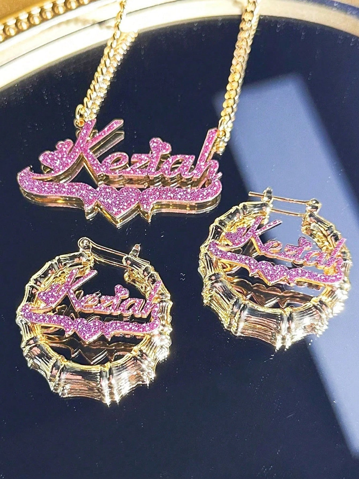 Customized Rhinestone Name Earrings &Necklace Set,Customized Bamboo Hoop Earrings, Personalized Jewelry Set,Pink Sandblasted,Ideal For Valentine's Day
