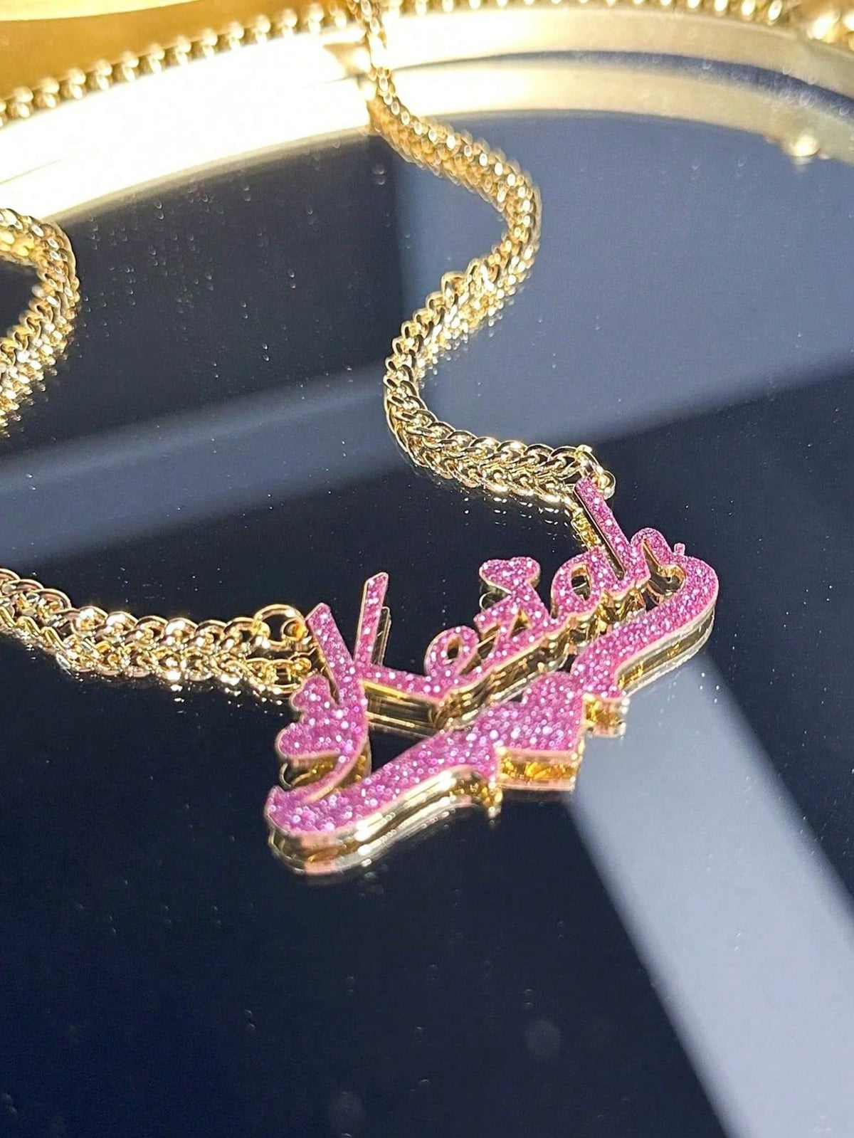 Customized Rhinestone Name Earrings &Necklace Set,Customized Bamboo Hoop Earrings, Personalized Jewelry Set,Pink Sandblasted,Ideal For Valentine's Day