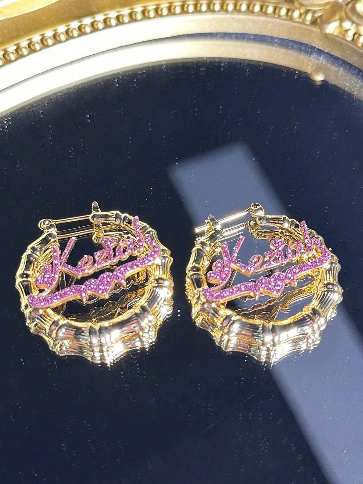 Customized Rhinestone Name Earrings &Necklace Set,Customized Bamboo Hoop Earrings, Personalized Jewelry Set,Pink Sandblasted,Ideal For Valentine's Day