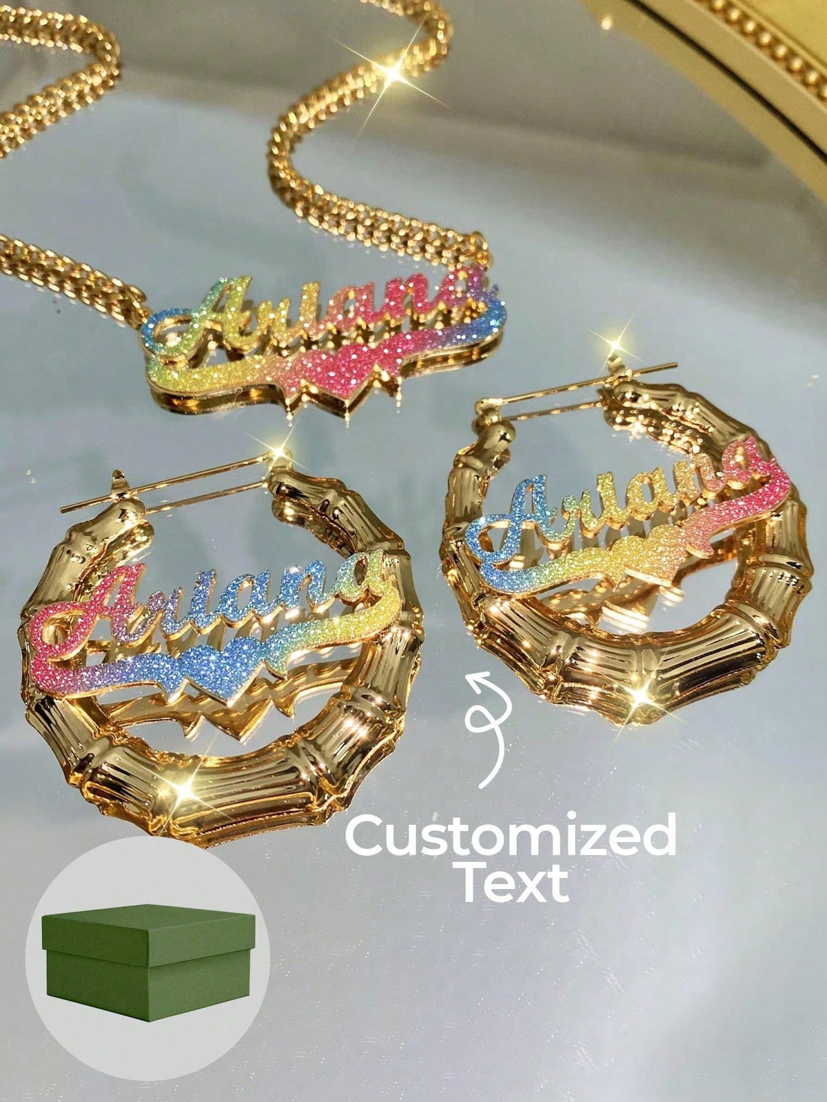 Customized Rhinestone Name Earrings &Necklace Set,Customized Bamboo Hoop Earrings, Personalized Jewelry Set,Pink Sandblasted,Ideal For Valentine's Day