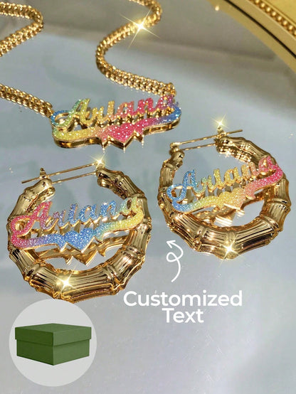 Customized Rhinestone Name Earrings &Necklace Set,Customized Bamboo Hoop Earrings, Personalized Jewelry Set,Pink Sandblasted,Ideal For Valentine's Day