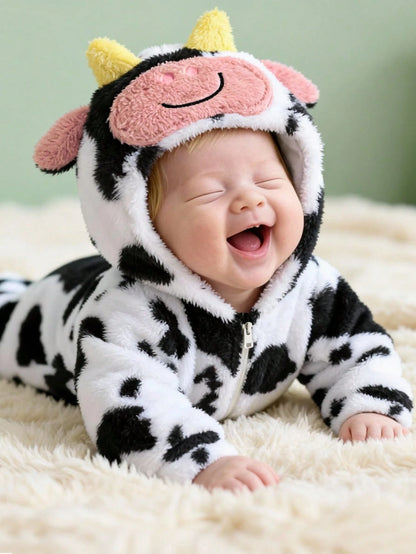 Cute Baby Boys Cow Outfit Set,Black And White Thermal Lined Hooded Winter Jumpsuit,Autumn Farm Newborn Clothes,Family Matching Western Cow Clothes