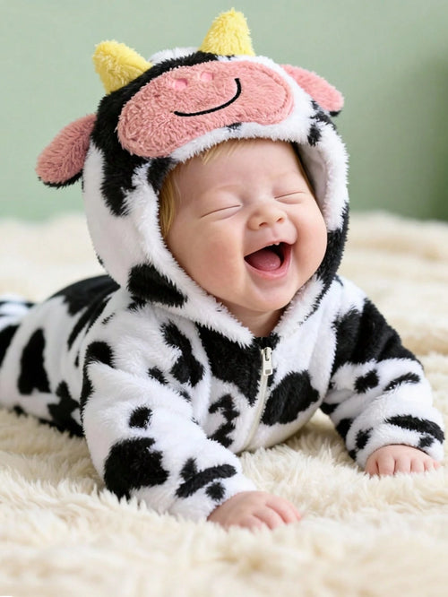 Cute Baby Boys Cow Outfit Set,Black And White Thermal Lined Hooded Winter Jumpsuit,Autumn Farm Newborn Clothes,Family Matching Western Cow Clothes