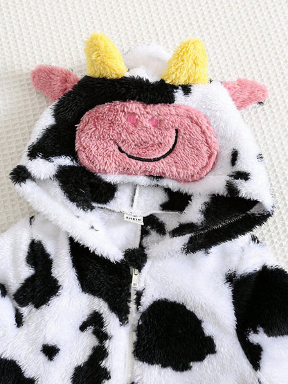 Cute Baby Boys Cow Outfit Set,Black And White Thermal Lined Hooded Winter Jumpsuit,Autumn Farm Newborn Clothes,Family Matching Western Cow Clothes