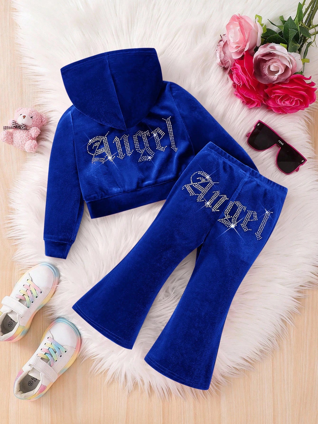 Cute Baby Girl 2Pcs Sets Rhinestone Letter Velvet Hoodie & Flare Pants Outfits,Purple Autumn Birthday Toddler Two Piece Winter Clothing Sportswear
