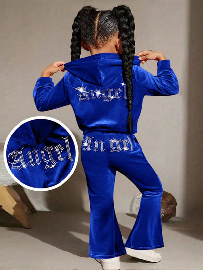 Cute Baby Girl 2Pcs Sets Rhinestone Letter Velvet Hoodie & Flare Pants Outfits,Purple Autumn Birthday Toddler Two Piece Winter Clothing Sportswear