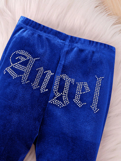 Cute Baby Girl 2Pcs Sets Rhinestone Letter Velvet Hoodie & Flare Pants Outfits,Purple Autumn Birthday Toddler Two Piece Winter Clothing Sportswear