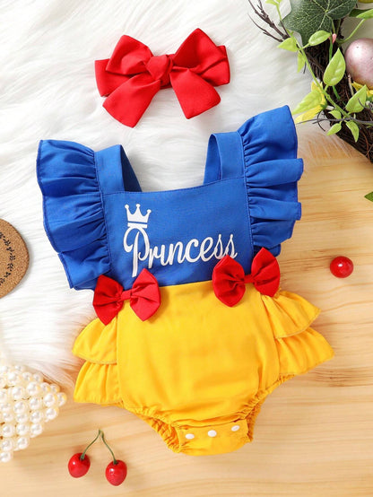 Cute Baby Girls Soft & Cozy Fashionable Crown & Letter Print Bow Decor One-Piece Dress With Headband, Casual Party Vacation Outfit, Spring/Summer