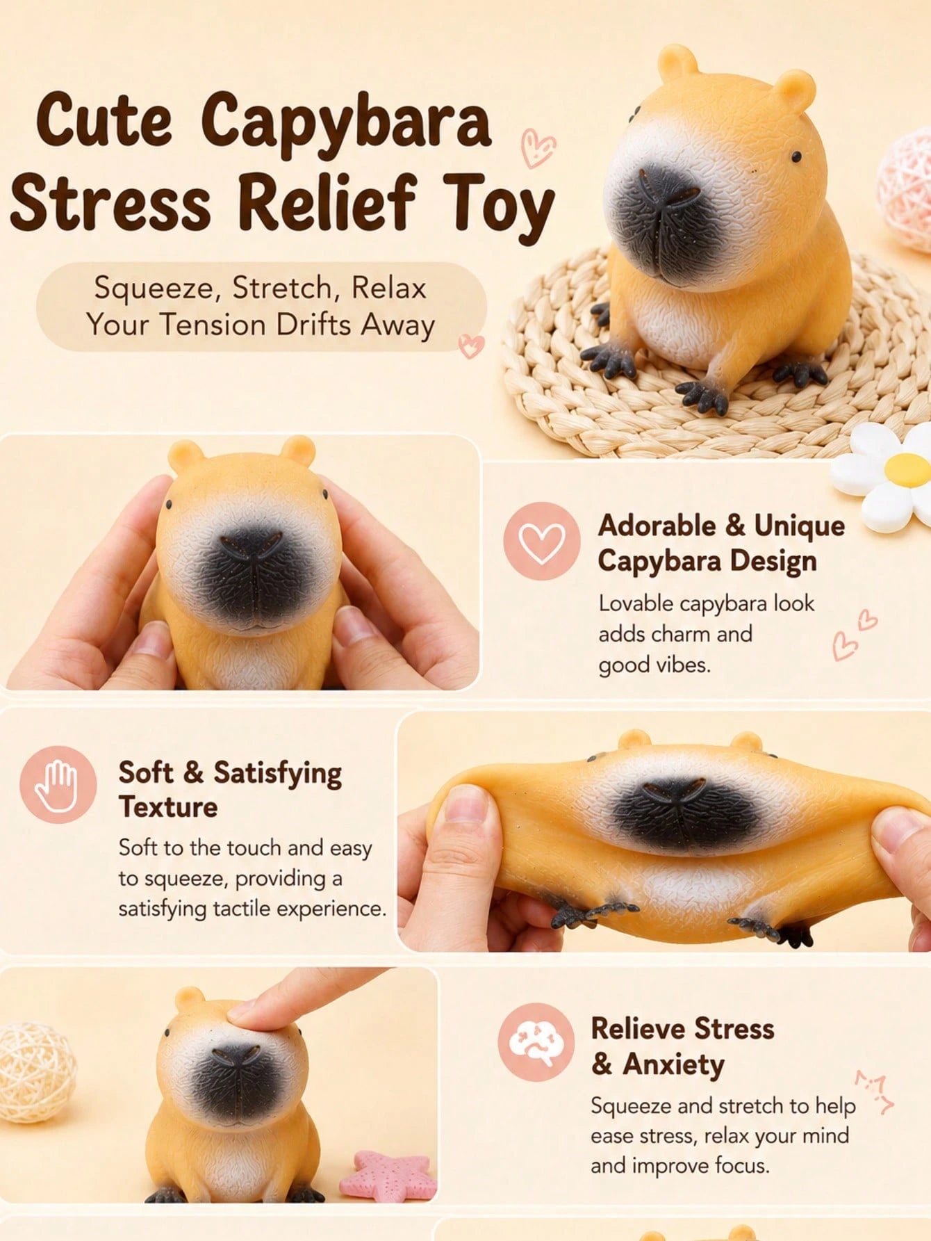 Cute Capybara Squeeze Toy, Fun Stress Relief Toy, Adorable Pet Animal Toy, Suitable For Educational Games, Stress Relief For Teens And Adults, Perfect For Back To School Season, Room Decor And Hallowe