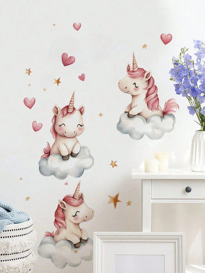 Cute Cloud Unicorn Wall Decal, Pink Heart Star Cartoon Sticker, Home Wall Art Decor, Nursery Girls Room, Removable Self-Adhesive Room Art