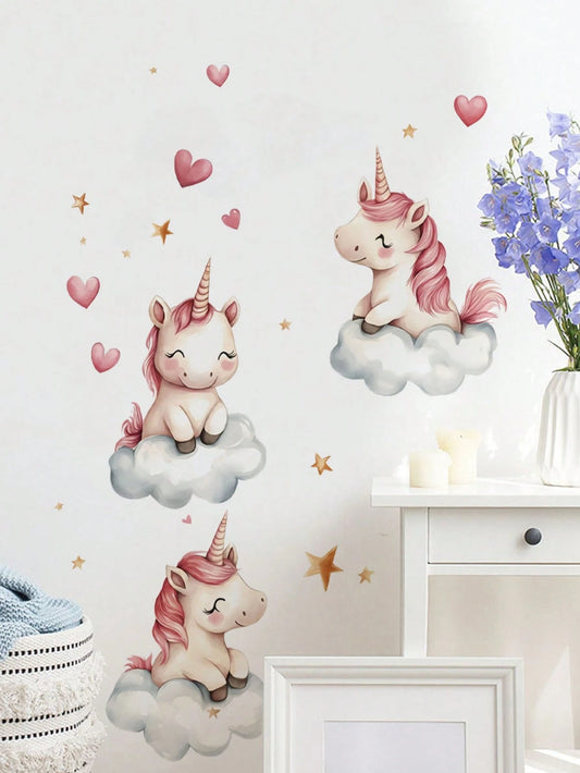 Cute Cloud Unicorn Wall Decal, Pink Heart Star Cartoon Sticker, Home Wall Art Decor, Nursery Girls Room, Removable Self-Adhesive Room Art