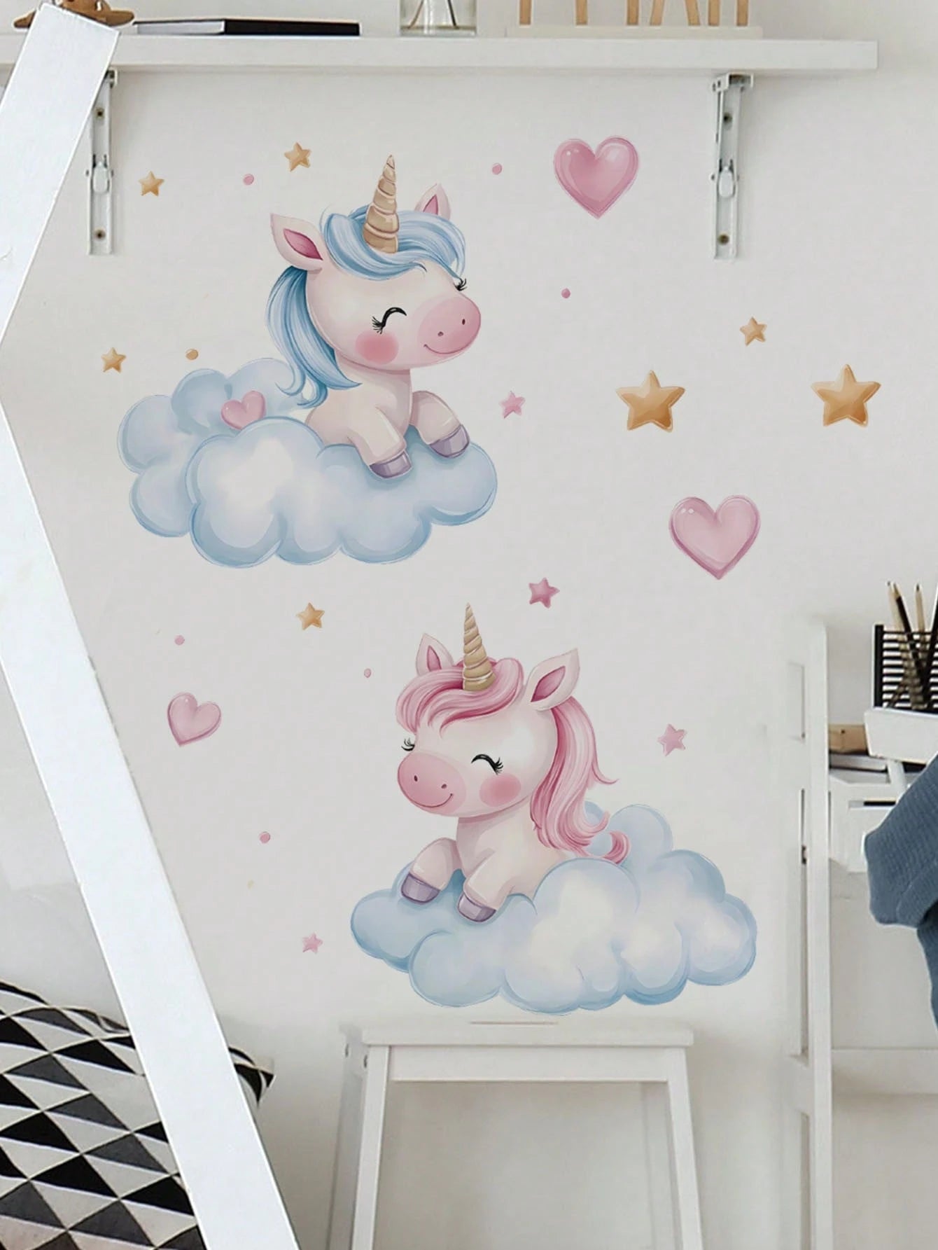 Cute Cloud Unicorn Wall Decal, Pink Heart Star Cartoon Sticker, Home Wall Art Decor, Nursery Girls Room, Removable Self-Adhesive Room Art