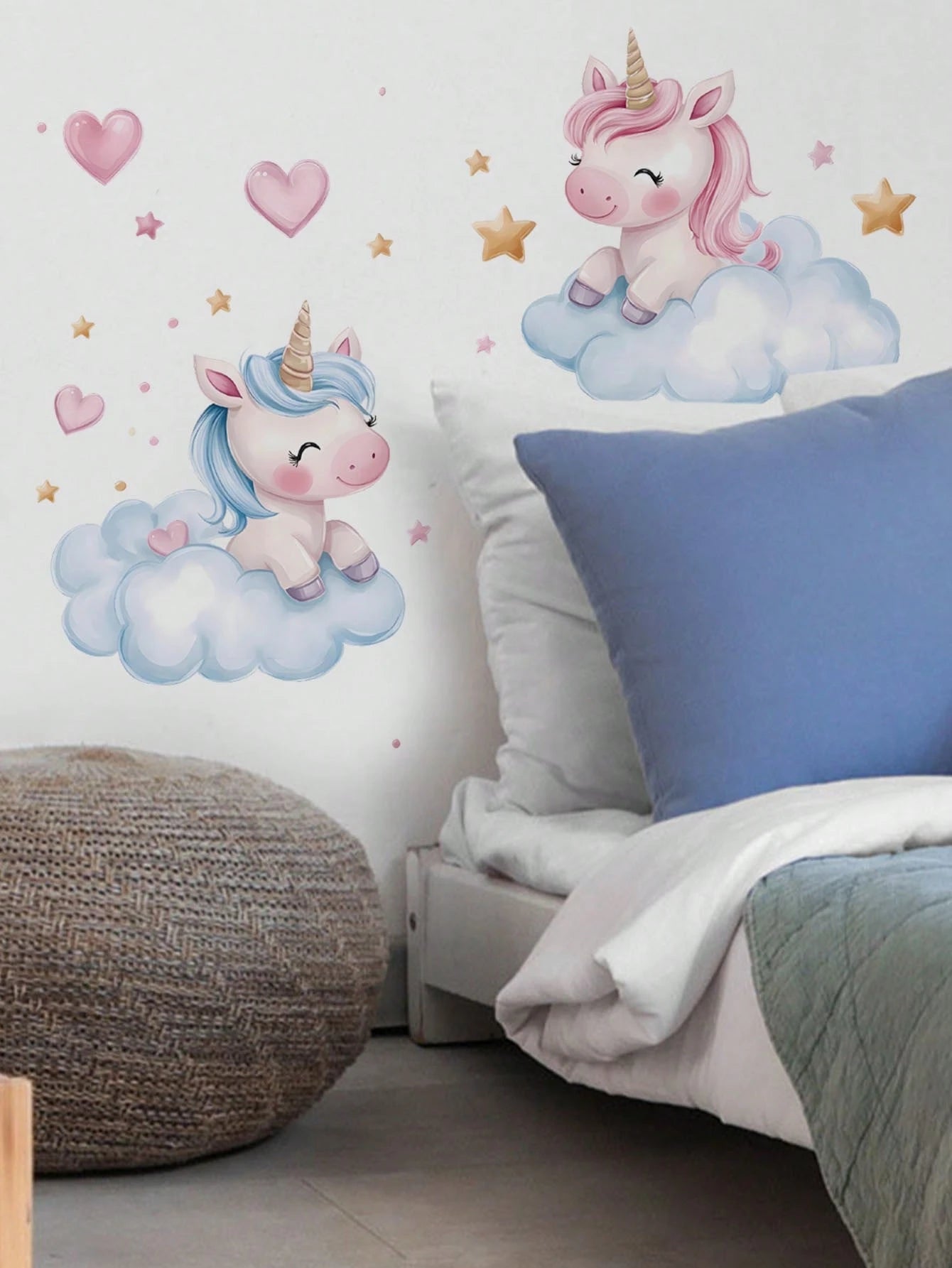 Cute Cloud Unicorn Wall Decal, Pink Heart Star Cartoon Sticker, Home Wall Art Decor, Nursery Girls Room, Removable Self-Adhesive Room Art