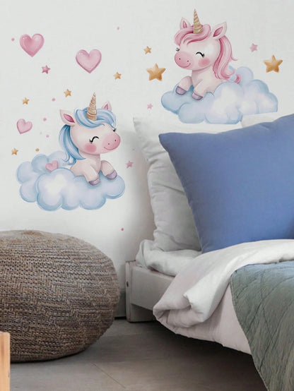 Cute Cloud Unicorn Wall Decal, Pink Heart Star Cartoon Sticker, Home Wall Art Decor, Nursery Girls Room, Removable Self-Adhesive Room Art
