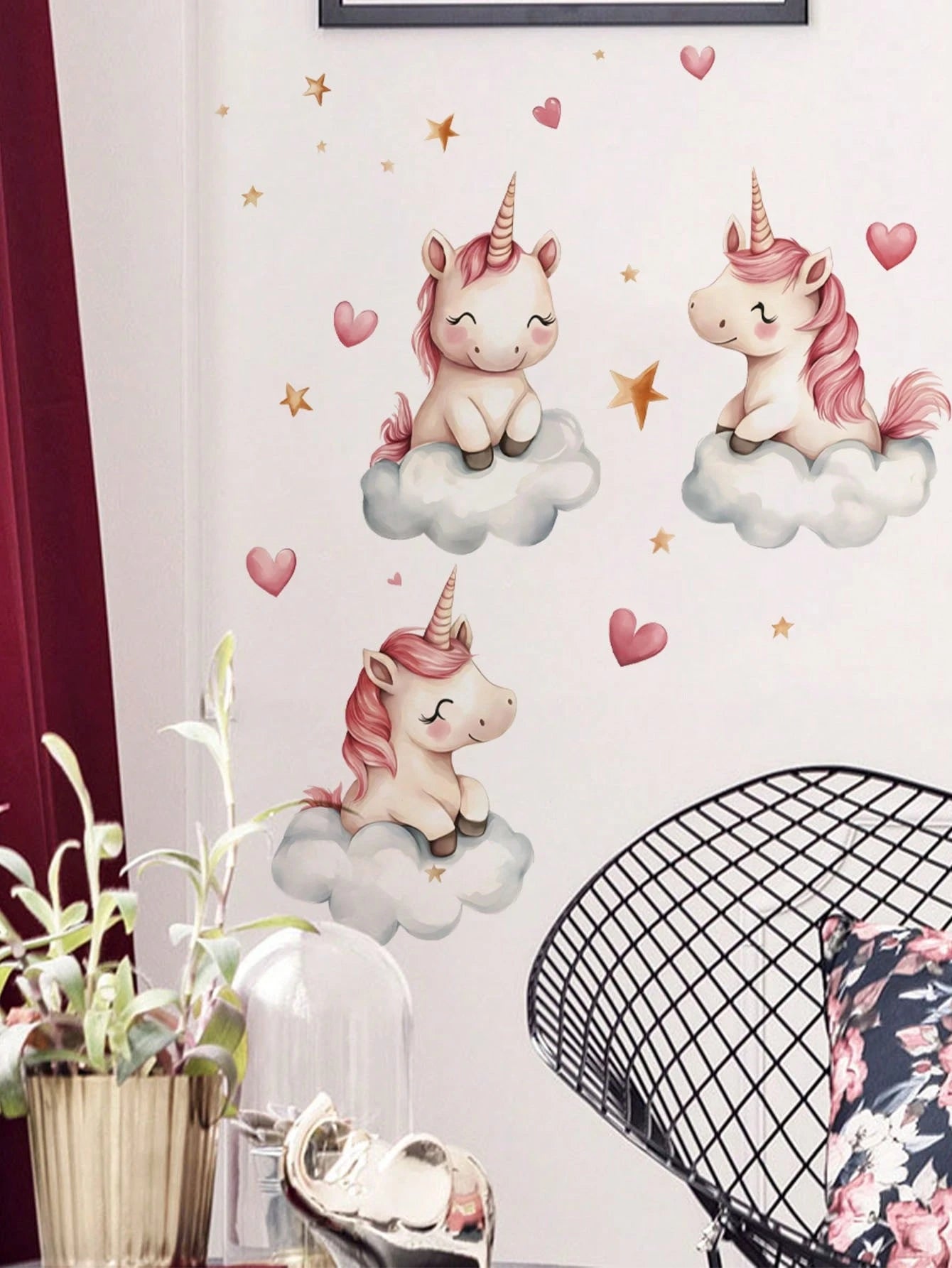 Cute Cloud Unicorn Wall Decal, Pink Heart Star Cartoon Sticker, Home Wall Art Decor, Nursery Girls Room, Removable Self-Adhesive Room Art