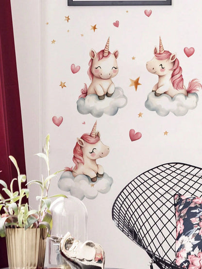 Cute Cloud Unicorn Wall Decal, Pink Heart Star Cartoon Sticker, Home Wall Art Decor, Nursery Girls Room, Removable Self-Adhesive Room Art