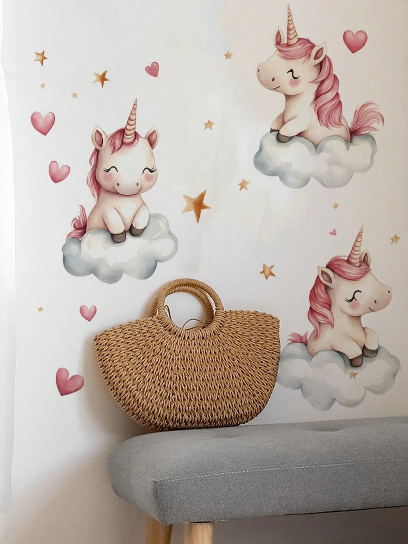 Cute Cloud Unicorn Wall Decal, Pink Heart Star Cartoon Sticker, Home Wall Art Decor, Nursery Girls Room, Removable Self-Adhesive Room Art