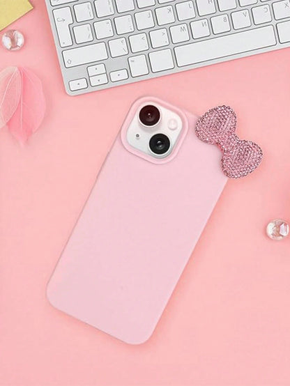 Cute Pink Bowknot Element Novelty Bow-Knot 3D Crystal Bowknot Phone Case Cute Bow Design Compatible With IPhone 16 Pro Max 15 14 13 12 11 Litchi Full Coverage Protective Cover Waterproof Shockproof An