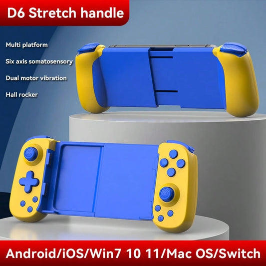 D6 Adjustable Wireless Mobile Gaming Controller (Blue/Yellow) – Hall Effect Joysticks, Stretchable Ergonomic Handle, 6-Axis Gyro Sensing, Ultra-Low Latency For Android & IOS – Spring Birthday Gift