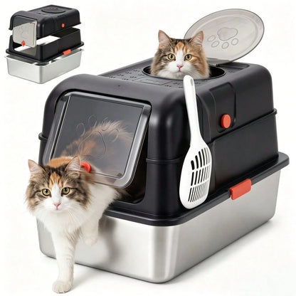 DanLink XL Stainless Steel Cat Litter Box With Lid, Enclosed Metal Litter Pan Front Entry Top Exit, High Sided Anti Leak Design, Includes Scoop For Big Cats And Multi Cat Home