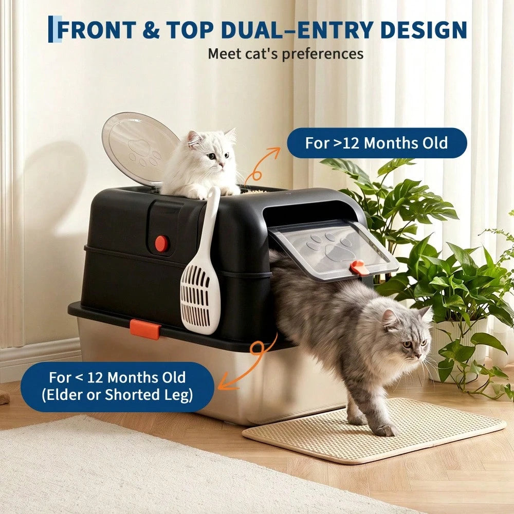 DanLink XL Stainless Steel Cat Litter Box With Lid, Enclosed Metal Litter Pan Front Entry Top Exit, High Sided Anti Leak Design, Includes Scoop For Big Cats And Multi Cat Home