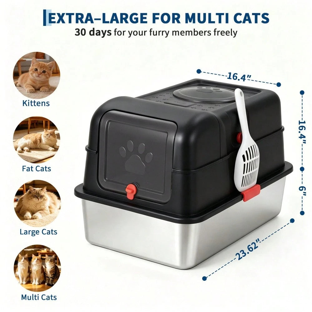 DanLink XL Stainless Steel Cat Litter Box With Lid, Enclosed Metal Litter Pan Front Entry Top Exit, High Sided Anti Leak Design, Includes Scoop For Big Cats And Multi Cat Home