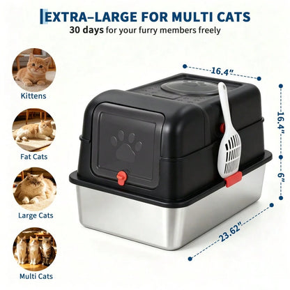 DanLink XL Stainless Steel Cat Litter Box With Lid, Enclosed Metal Litter Pan Front Entry Top Exit, High Sided Anti Leak Design, Includes Scoop For Big Cats And Multi Cat Home