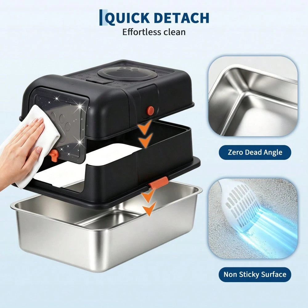 DanLink XL Stainless Steel Cat Litter Box With Lid, Enclosed Metal Litter Pan Front Entry Top Exit, High Sided Anti Leak Design, Includes Scoop For Big Cats And Multi Cat Home