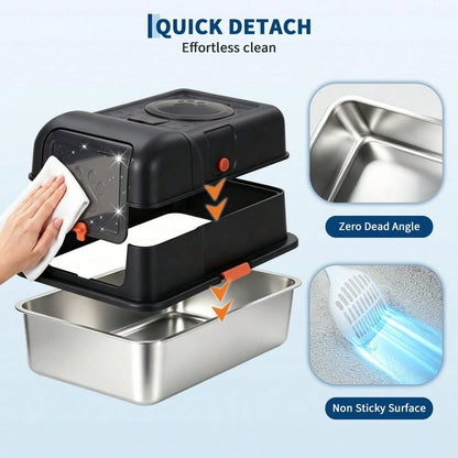 DanLink XL Stainless Steel Cat Litter Box With Lid, Enclosed Metal Litter Pan Front Entry Top Exit, High Sided Anti Leak Design, Includes Scoop For Big Cats And Multi Cat Home