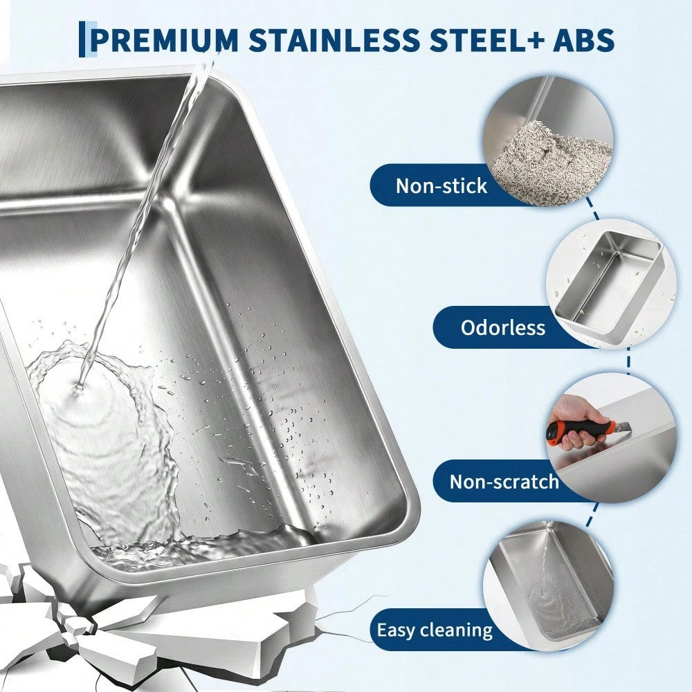 DanLink XL Stainless Steel Cat Litter Box With Lid, Enclosed Metal Litter Pan Front Entry Top Exit, High Sided Anti Leak Design, Includes Scoop For Big Cats And Multi Cat Home