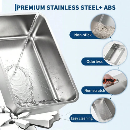 DanLink XL Stainless Steel Cat Litter Box With Lid, Enclosed Metal Litter Pan Front Entry Top Exit, High Sided Anti Leak Design, Includes Scoop For Big Cats And Multi Cat Home