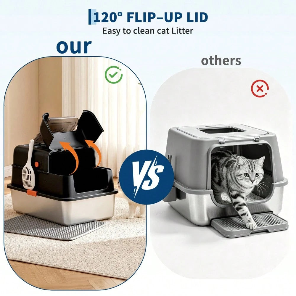 DanLink XL Stainless Steel Cat Litter Box With Lid, Enclosed Metal Litter Pan Front Entry Top Exit, High Sided Anti Leak Design, Includes Scoop For Big Cats And Multi Cat Home