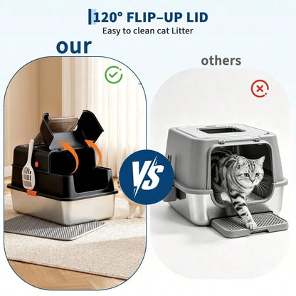 DanLink XL Stainless Steel Cat Litter Box With Lid, Enclosed Metal Litter Pan Front Entry Top Exit, High Sided Anti Leak Design, Includes Scoop For Big Cats And Multi Cat Home