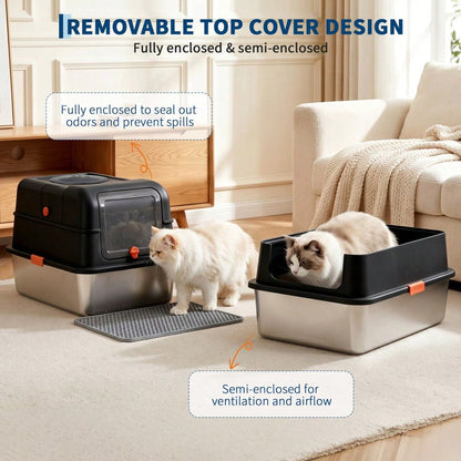 DanLink XL Stainless Steel Cat Litter Box With Lid, Enclosed Metal Litter Pan Front Entry Top Exit, High Sided Anti Leak Design, Includes Scoop For Big Cats And Multi Cat Home