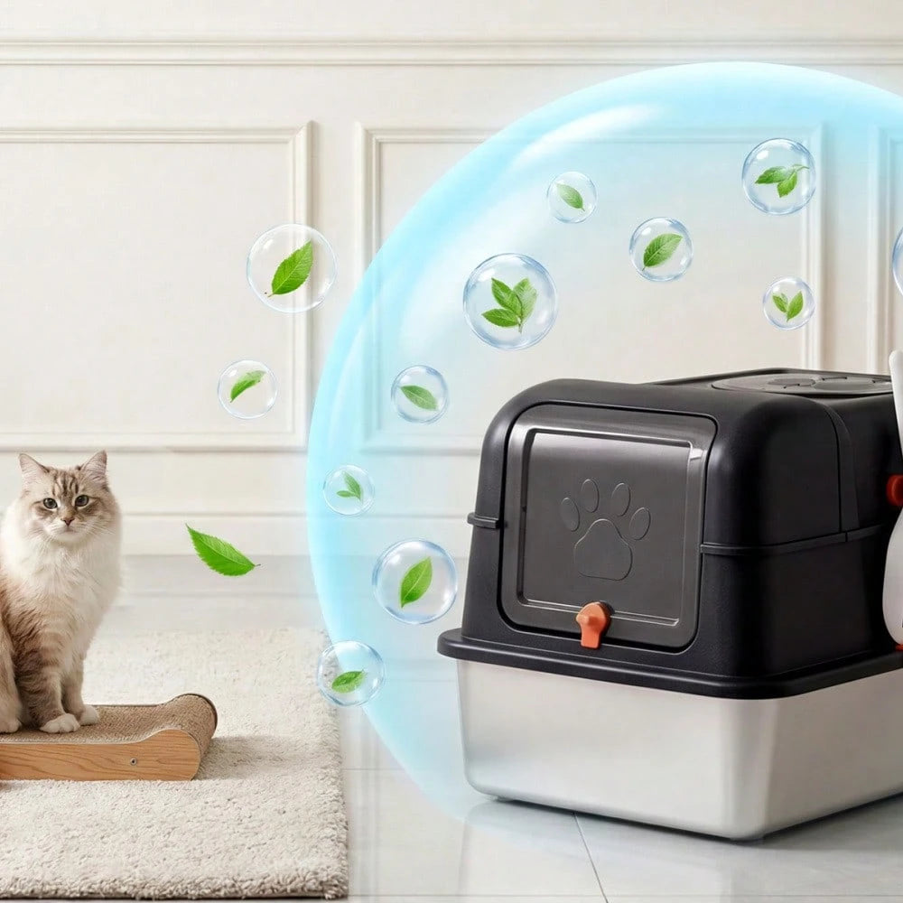 DanLink XL Stainless Steel Cat Litter Box With Lid, Enclosed Metal Litter Pan Front Entry Top Exit, High Sided Anti Leak Design, Includes Scoop For Big Cats And Multi Cat Home