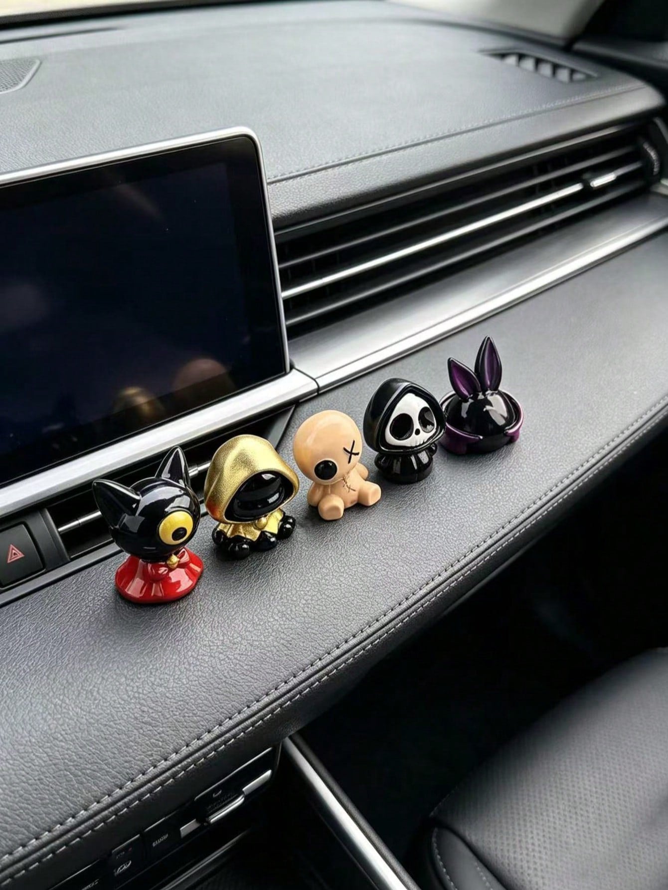 Dark Style Ghost Plush Black Cat Car Dashboard Ornament, Quirky Skeleton Rabbit Interior Decor, Cool Dark Aesthetic Combination Car Accessories, One-Eyed Black Cat Plush Doll Car Dashboard Ornament
