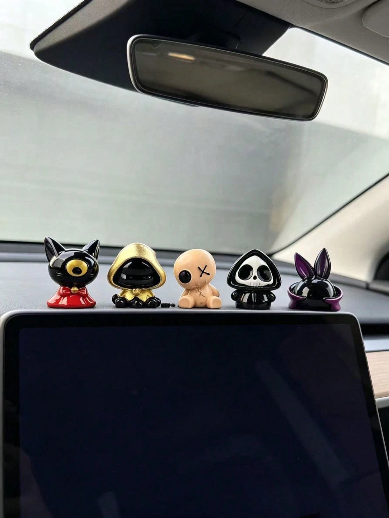 Dark Style Ghost Plush Black Cat Car Dashboard Ornament, Quirky Skeleton Rabbit Interior Decor, Cool Dark Aesthetic Combination Car Accessories, One-Eyed Black Cat Plush Doll Car Dashboard Ornament
