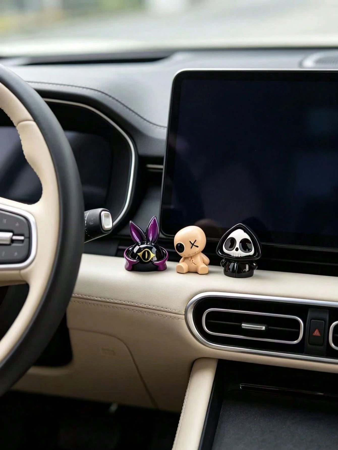 Dark Style Ghost Plush Black Cat Car Dashboard Ornament, Quirky Skeleton Rabbit Interior Decor, Cool Dark Aesthetic Combination Car Accessories, One-Eyed Black Cat Plush Doll Car Dashboard Ornament