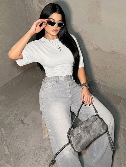 Dayanna Comas Casual Solid Color Batwing Sleeve Cropped T-Shirt, Summer,White Shirt Formal Occasion, Special Occasion Re-Wearable Butterfly Sleeve Comfortable Soft Breathable