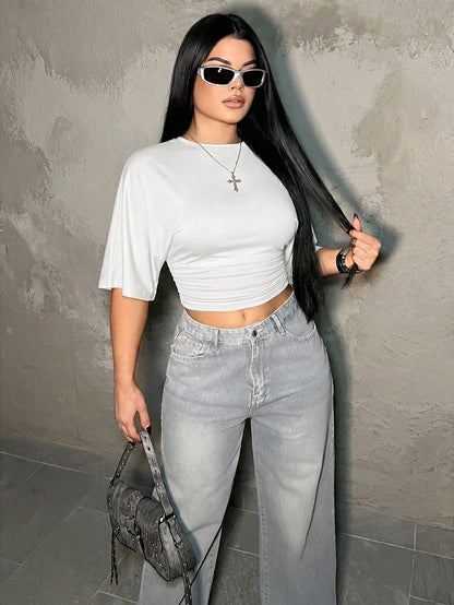 Dayanna Comas Casual Solid Color Batwing Sleeve Cropped T-Shirt, Summer,White Shirt Formal Occasion, Special Occasion Re-Wearable Butterfly Sleeve Comfortable Soft Breathable