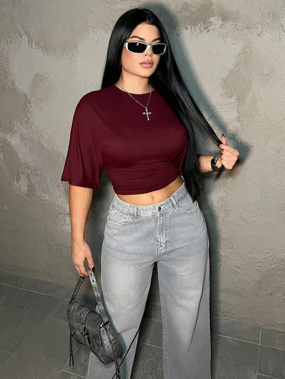 Dayanna Comas Casual Solid Color Batwing Sleeve Cropped T-Shirt, Summer,White Shirt Formal Occasion, Special Occasion Re-Wearable Butterfly Sleeve Comfortable Soft Breathable