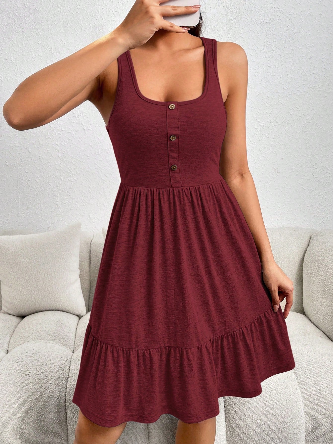 Dayvera Button Detail Ruffle Hem Dress