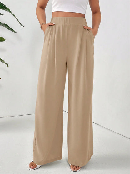 Dayvera Women Dress Pants Uniform Pants Teacher Pants Ladies' Commuting Black Striped Elastic Waist Wide Leg Trousers With Double Pockets