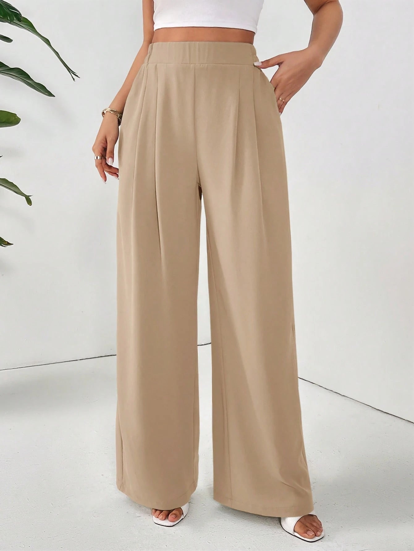 Dayvera Women Dress Pants Uniform Pants Teacher Pants Ladies' Commuting Black Striped Elastic Waist Wide Leg Trousers With Double Pockets
